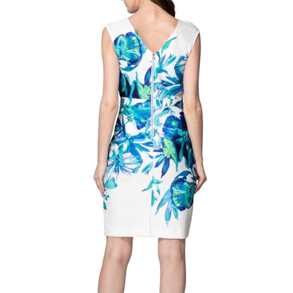 Joseph Ribkoff Holiday Party Designer Sheath Dress White and Blue Tropical - Picture 4 of 16